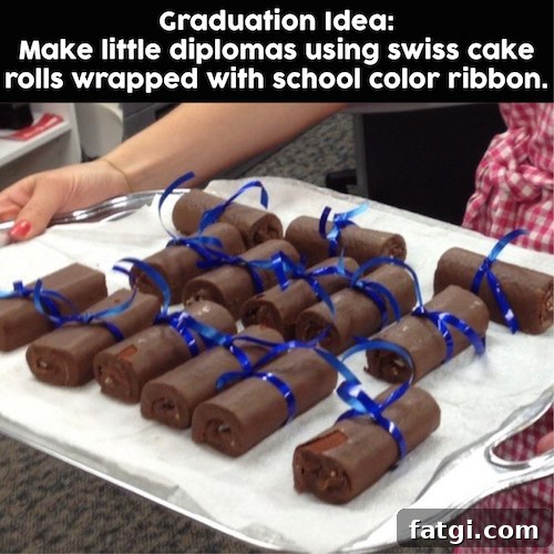 Graduation dessert idea - Make little diplomas using swiss cake rolls wrapped with ribbon that matches the school's colors. So cute and easy (and delicious!). 