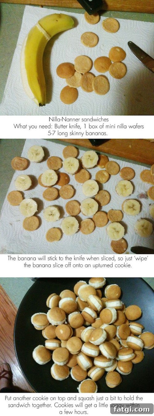 These look fun to make AND to eat! Simply slice bananas (as pictured) and the stickiness of the banana slices will hold the mini nilla wafters on. Must try! 