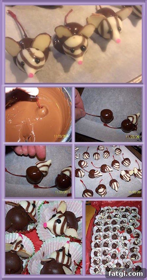 Little chocolate mice - so cute! Made with chocolate dipped cherries, Hershey's kisses, and sliced almonds. 