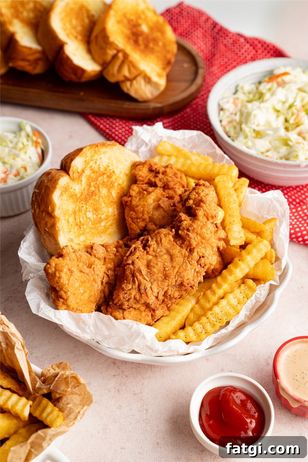 copycat canes chicken tenders with texas toast, french fries, canes sauce, seen in a basket on a table