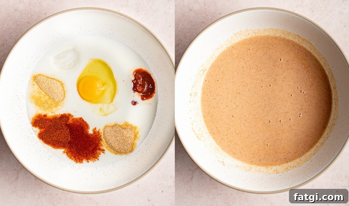 Egg, butteermilk, hot sauce and seasoning seen in a bowl