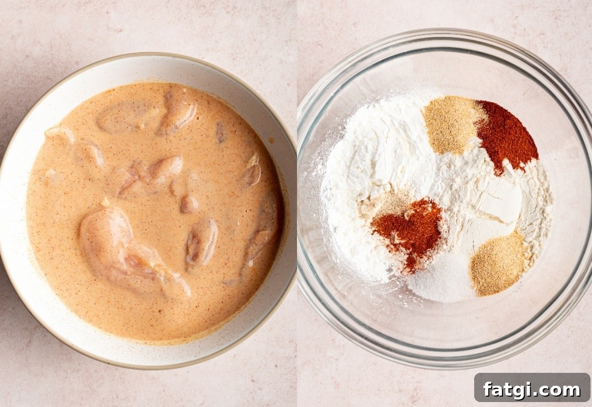 chicken tenders mixed with buttermilk in one bowl, powder and seasonings in a clear bowl