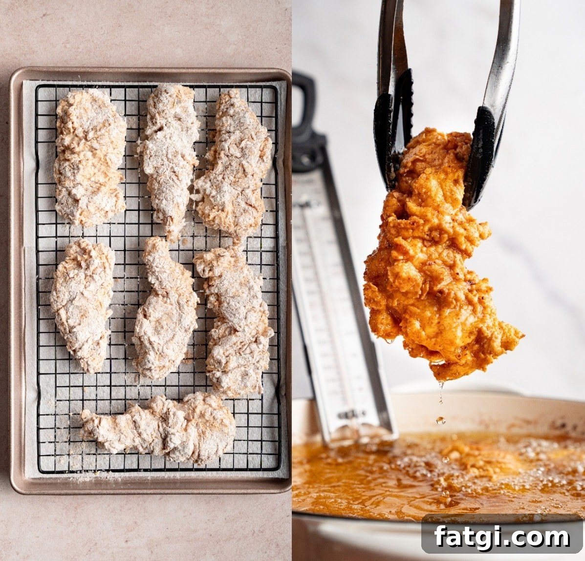 chicken strips battered on a baking lined tray, and deep fried