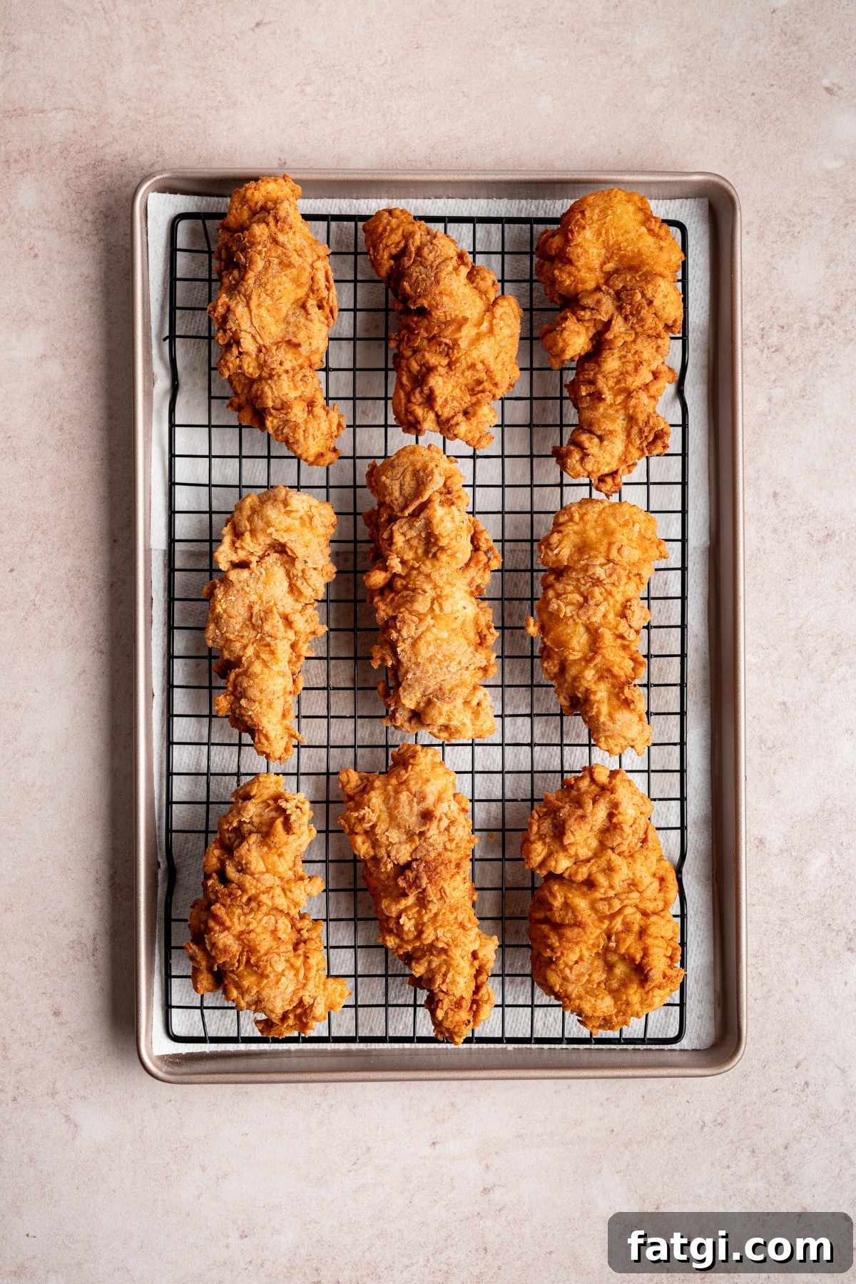 chicken strips seen lined on a baking tray fried and golden