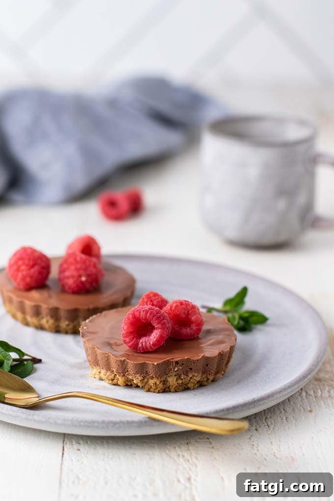 Two mini chocolate cheesecakes garnished with raspberries on a gray plate.