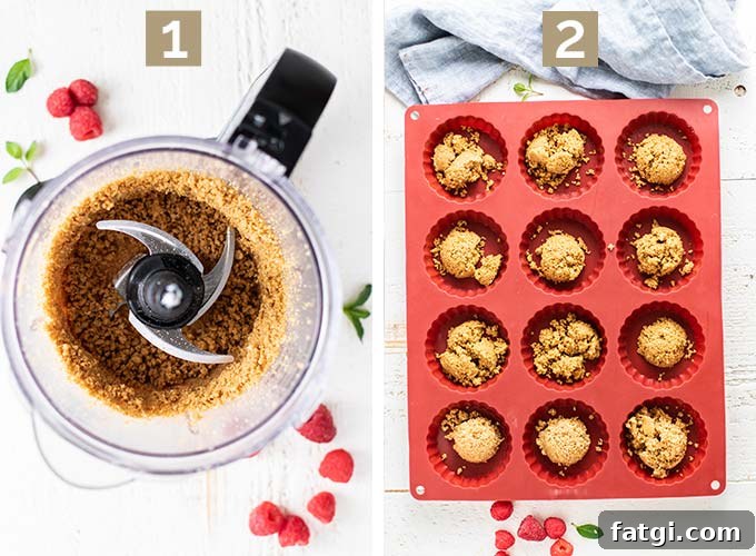 Two images showing the crust being made in a food processor and then being portioned into the mini cheesecake pan.