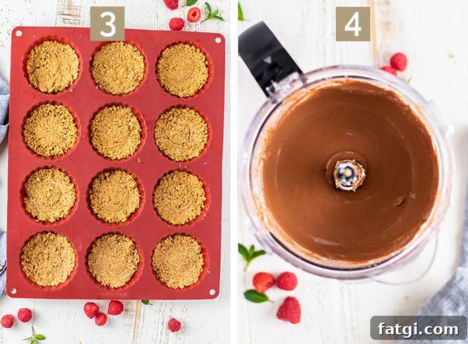 Two images showing how to press the crust into the pan and make the cheesecake batter in a food processor.