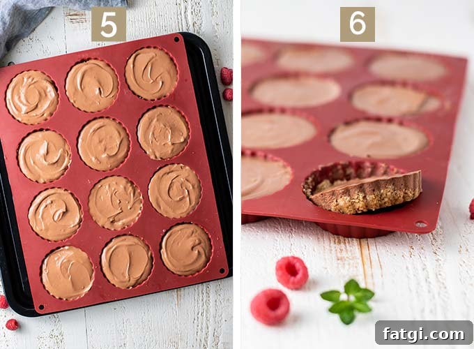 Two images showing the mini cheesecake pan with the raw ingredients and then again with the cheesecakes baked.