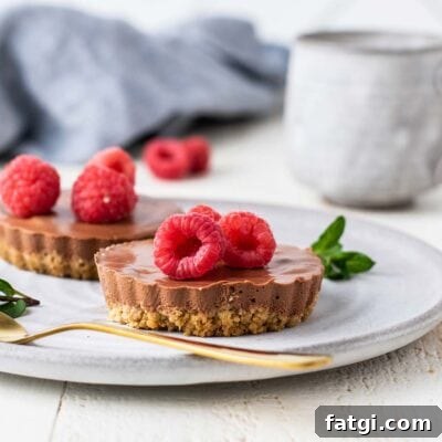 Two mini chocolate cheesecakes garnished with raspberries on a gray plate.