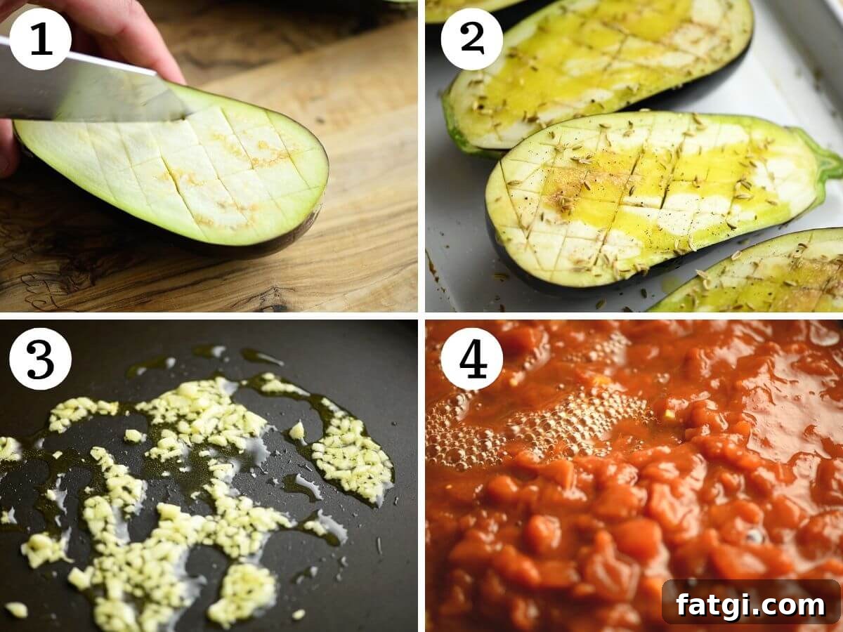 Italian Stuffed Eggplant Recipe with Mozzarella and Tomato 4 Four photos in a collage showing how to prepare eggplant for roasting and make tomato sauce.