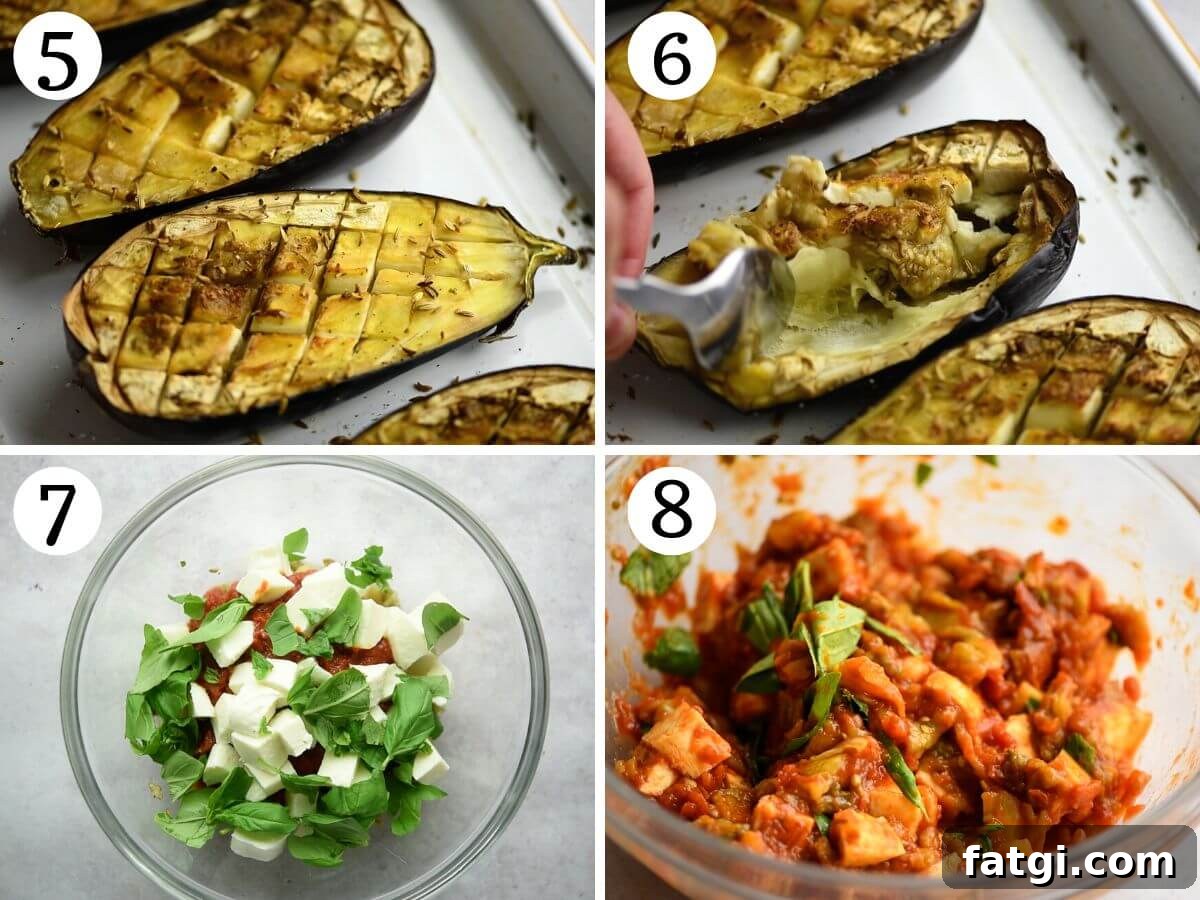 Italian Stuffed Eggplant Recipe with Mozzarella and Tomato 5 Four photos in a collage showing how to scoop baked eggplant from the skin and mixing it in a bowl with tomato, mozzarella and basil.