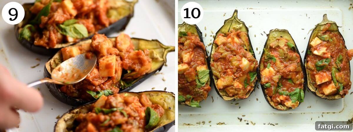 Italian Stuffed Eggplant Recipe with Mozzarella and Tomato 6 Two photos showing how to stuff eggplants and what they look like once baked.