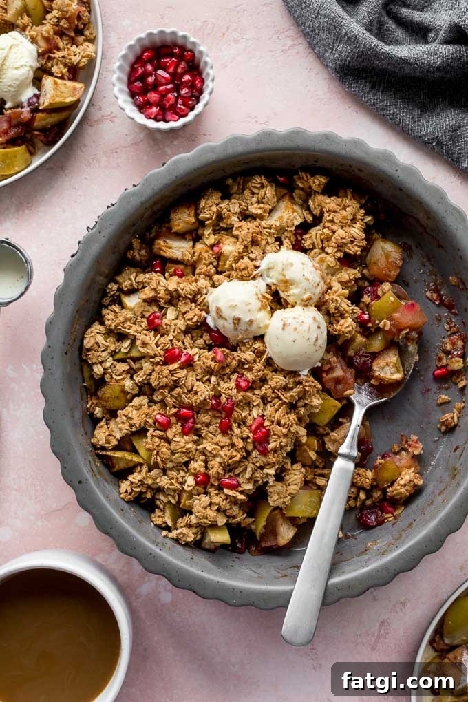 Overhead view of an apple cranberry crisp topped with ice cream and scoops of crisp removed.