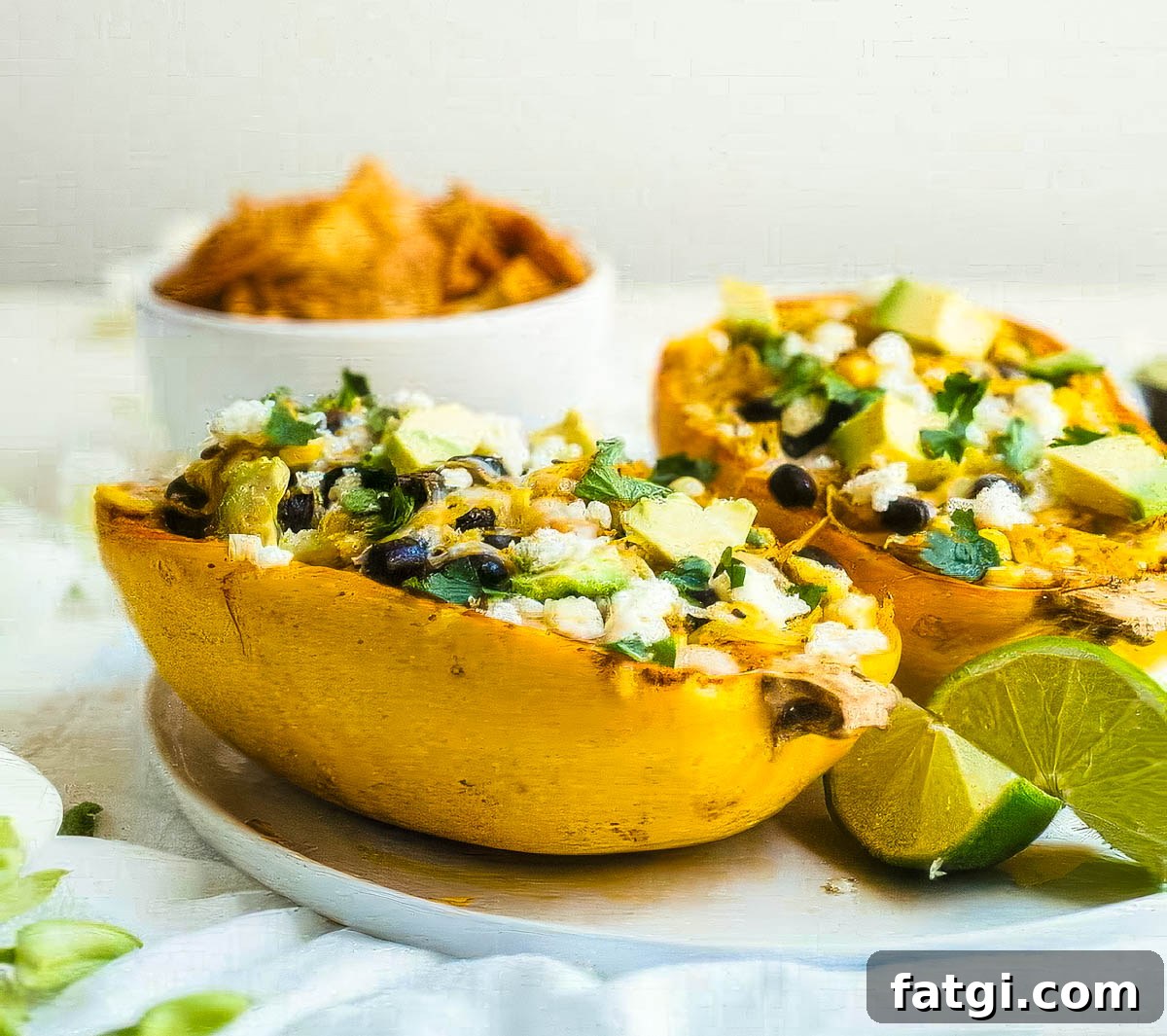 Mexican-Style Spaghetti Squash with Fresh Salsa 4 a side view of two mexican spaghetti squash on a white plate with a small bowl of tortilla chips in the background