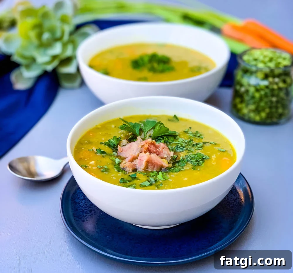 Instant Pot Split Pea Soup Recipe 2 instant pot split pea soup in a white bowl on a blue plate