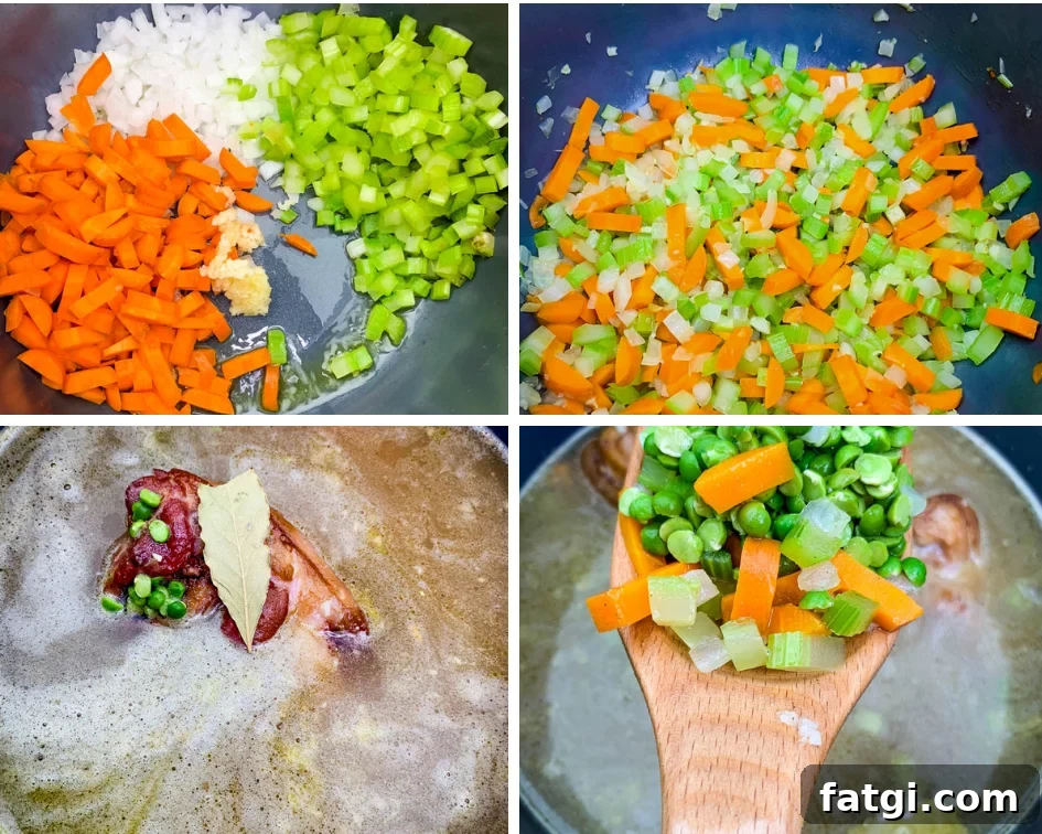 Instant Pot Split Pea Soup Recipe 4 collage photo of 4 photos with carrots, onions, and celery in an Instant Pot and chicken broth in an Instant Pot