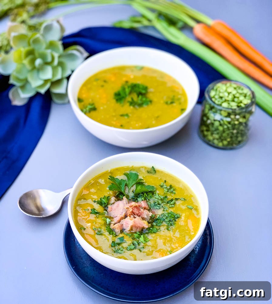 Instant Pot Split Pea Soup Recipe 6 instant pot split pea soup in a white bowl on a blue plate