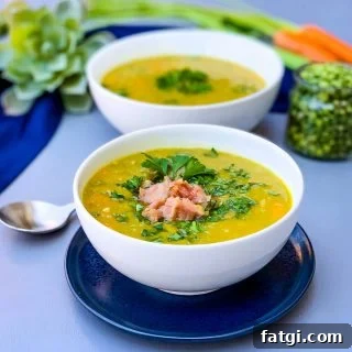 Instant Pot Split Pea Soup Recipe 10 instant pot split pea soup in a white bowl on a blue plate