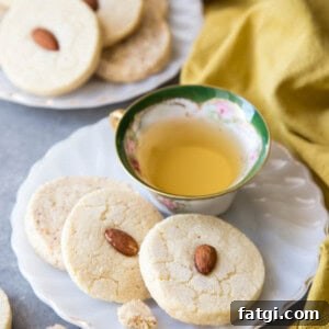 Almond Shortbread Cookies on a plate with tea