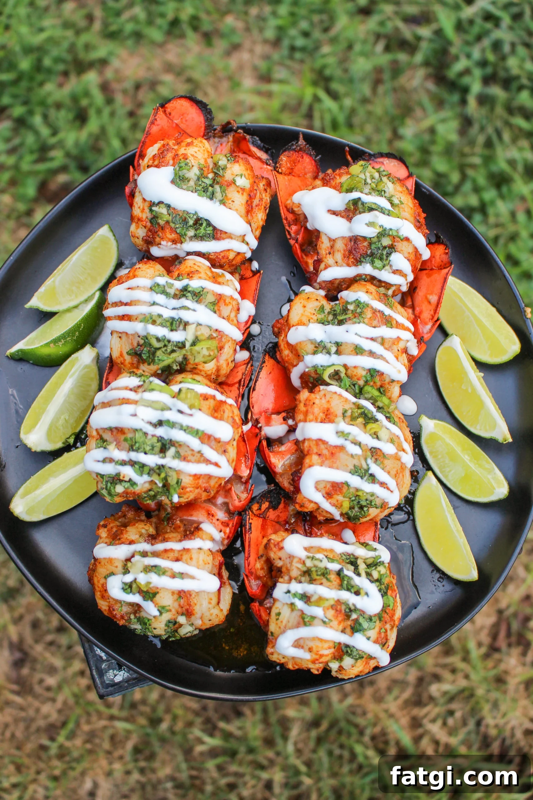 The Skewered Lobster Tails are presented on a plate with sliced limes and drizzled with a sour cream lime sauce. 
