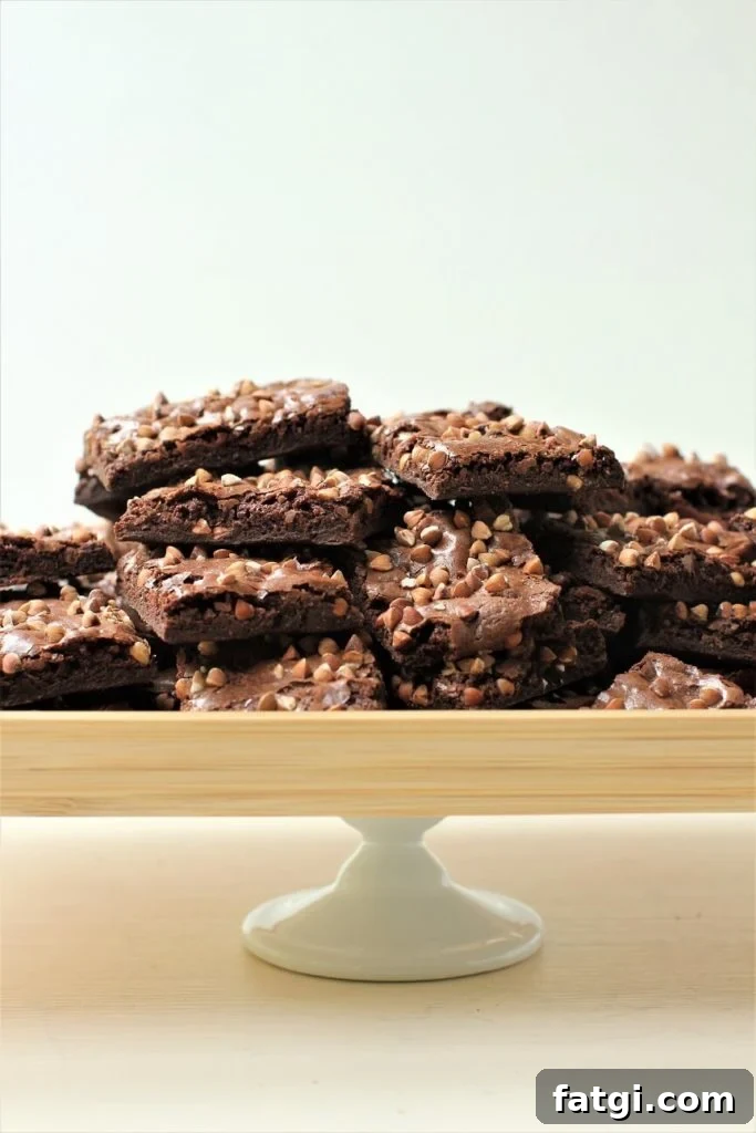 a tray of buckwheat brownie brittle on a stand
