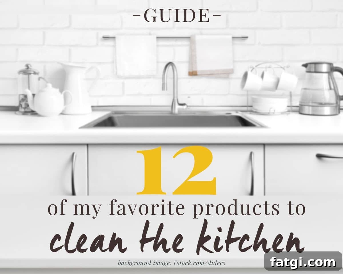white kitchen with a stainless steel sink with text overlay that reads "guide - 12 of my favorite products to clean the kitchen"