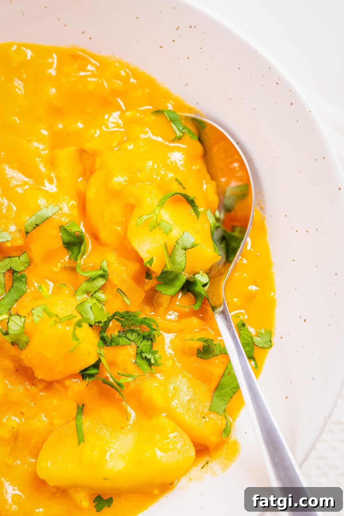 Close-up view of mulligatawny soup on a white bowl with a spoon scooping out the dish.