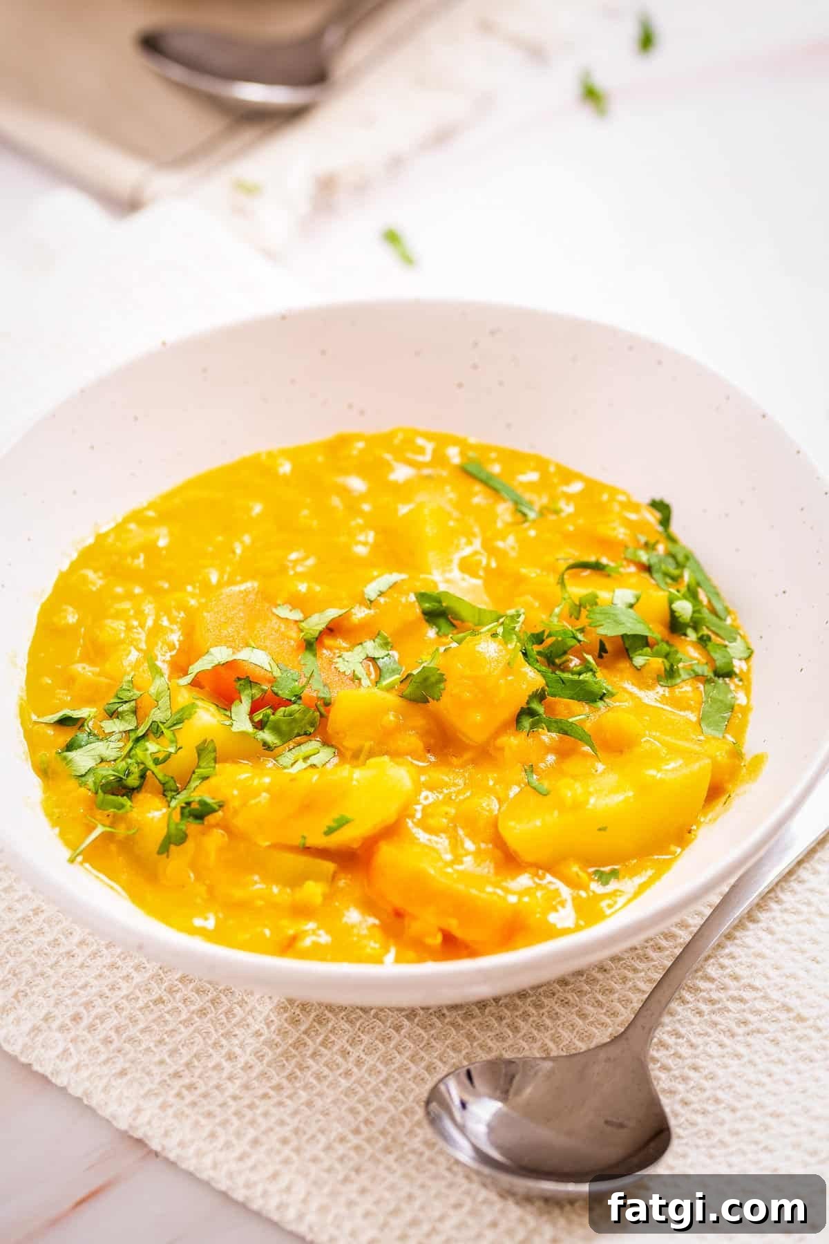Close up of Mulligatawny Soup in a white bowl.