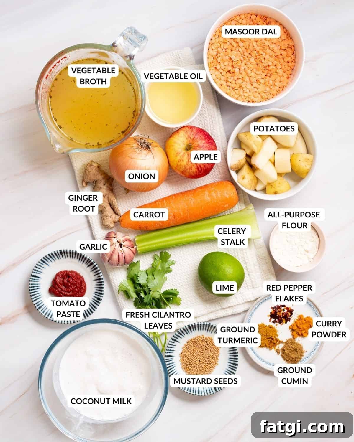 Labeled ingredient list for stovetop mulligatawny soup - check recipe card for details!