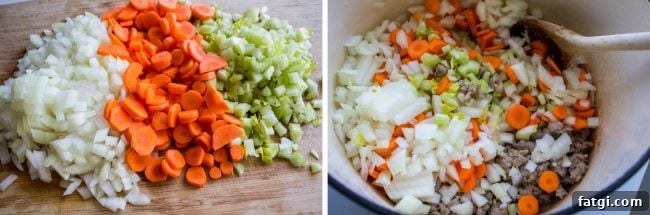 carrots, celery, and onions chopped on a wooden cutting board and then stirred in a pot.