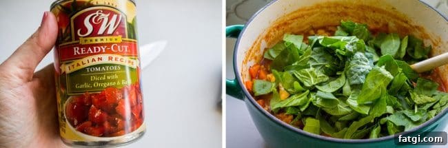 can of diced tomatoes and a pot of soup with chopped spinach.