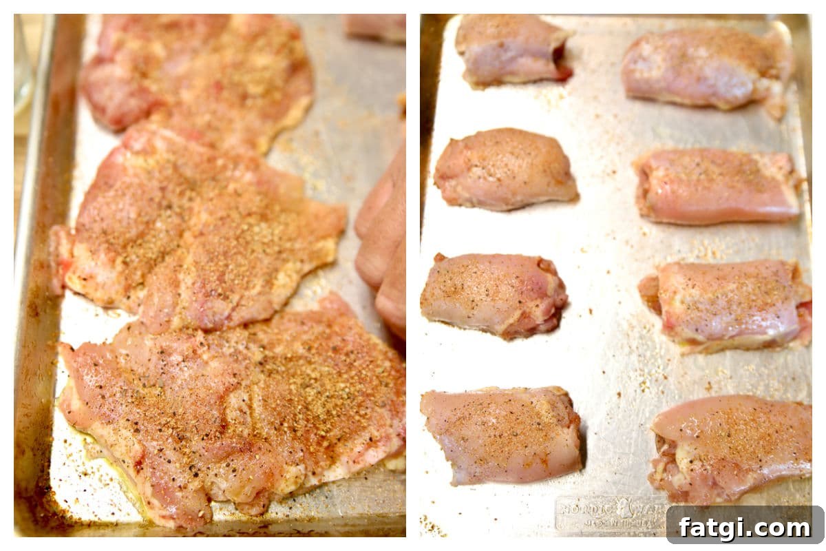 Seasoned chicken thighs, rolled up.