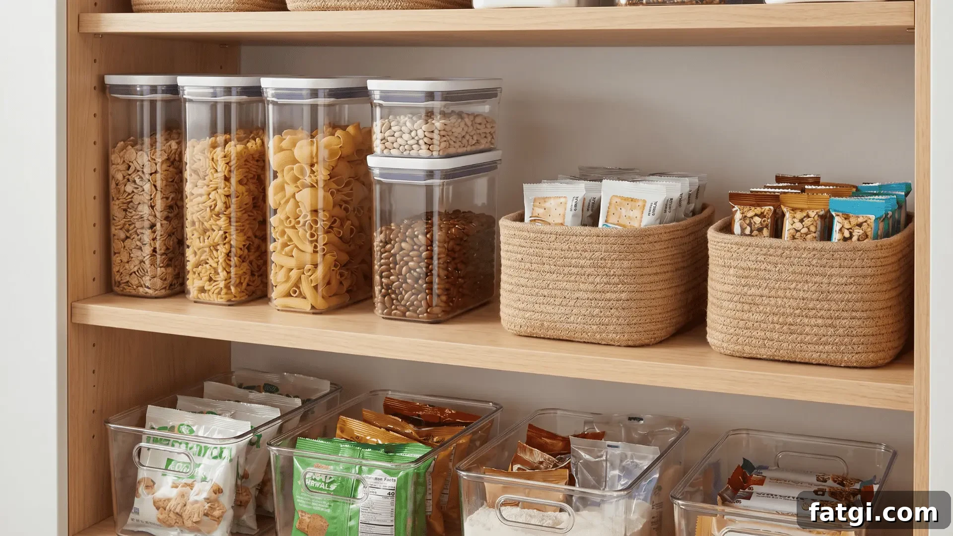 Pantry Organization Tips: Practical Ideas That Work 3 Assorted pantry containers holding cereal, pasta, and snack packets arranged on a shelf