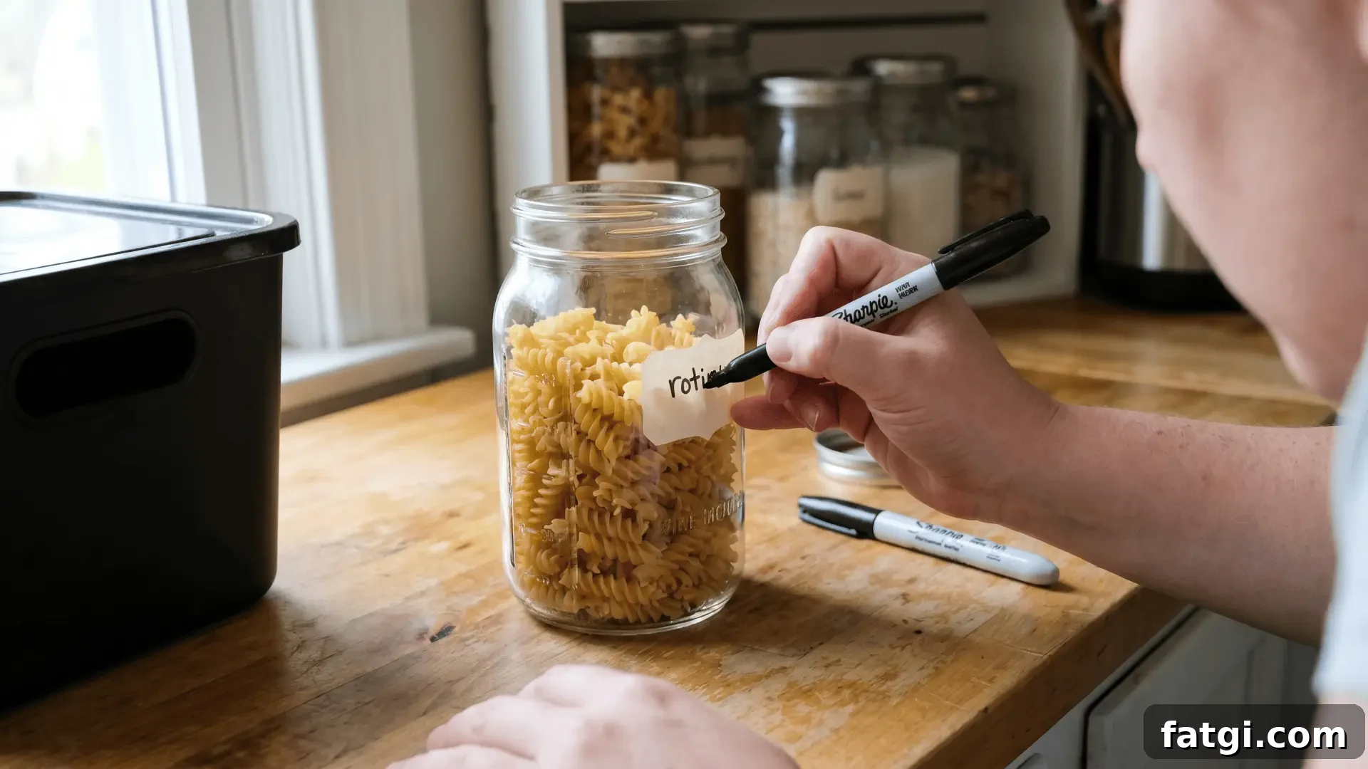 Pantry Organization Tips: Practical Ideas That Work 4 a hand writing on a label stuck to a clear jar of pasta on a kitchen counter, with a white marker and a dark storage bin nearby