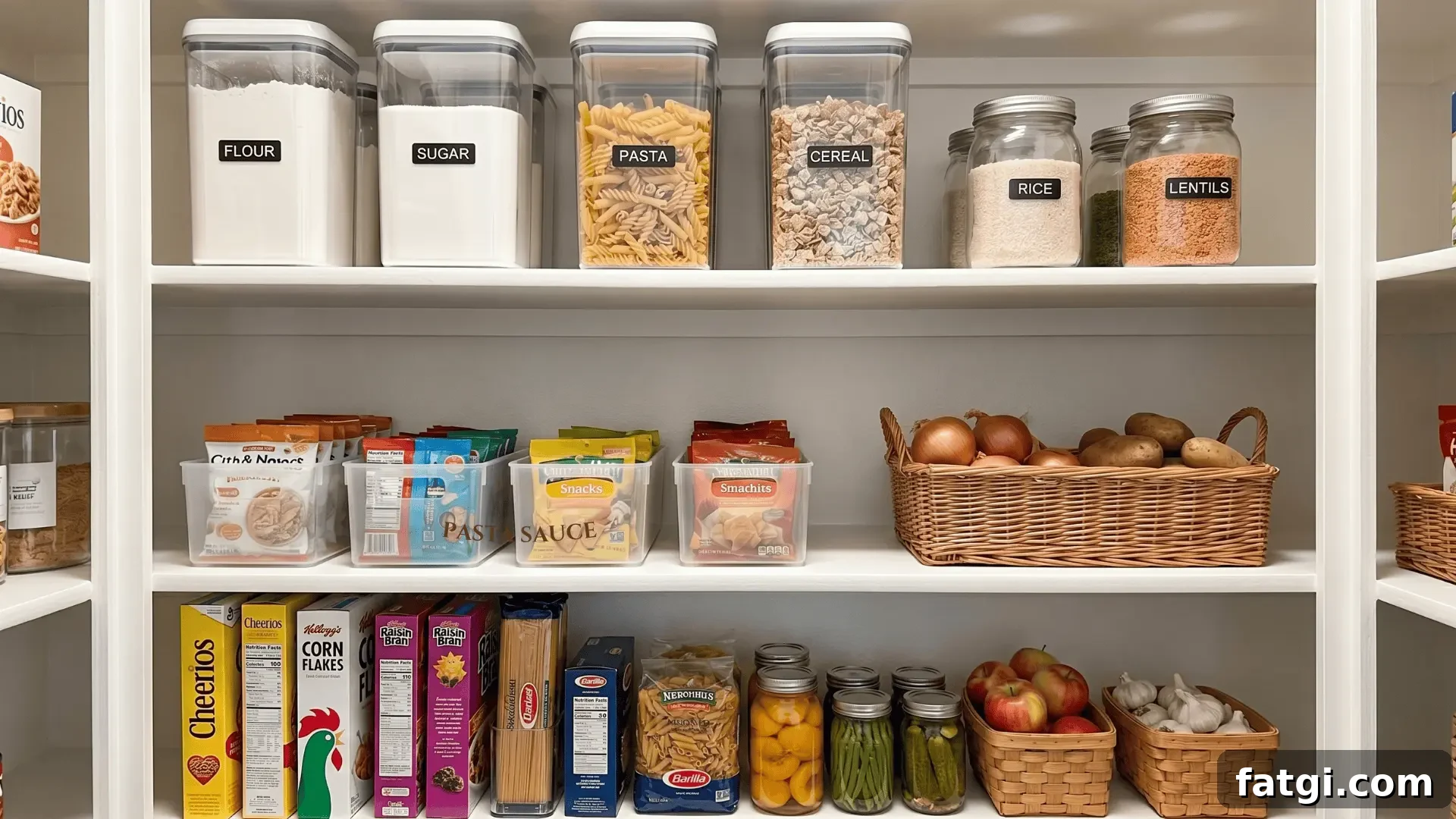 Pantry Organization Tips: Practical Ideas That Work 5 a tidy home pantry with labeled jars, airtight containers, snack bins, a basket of onions and potatoes, and grouped cans on plain shelves