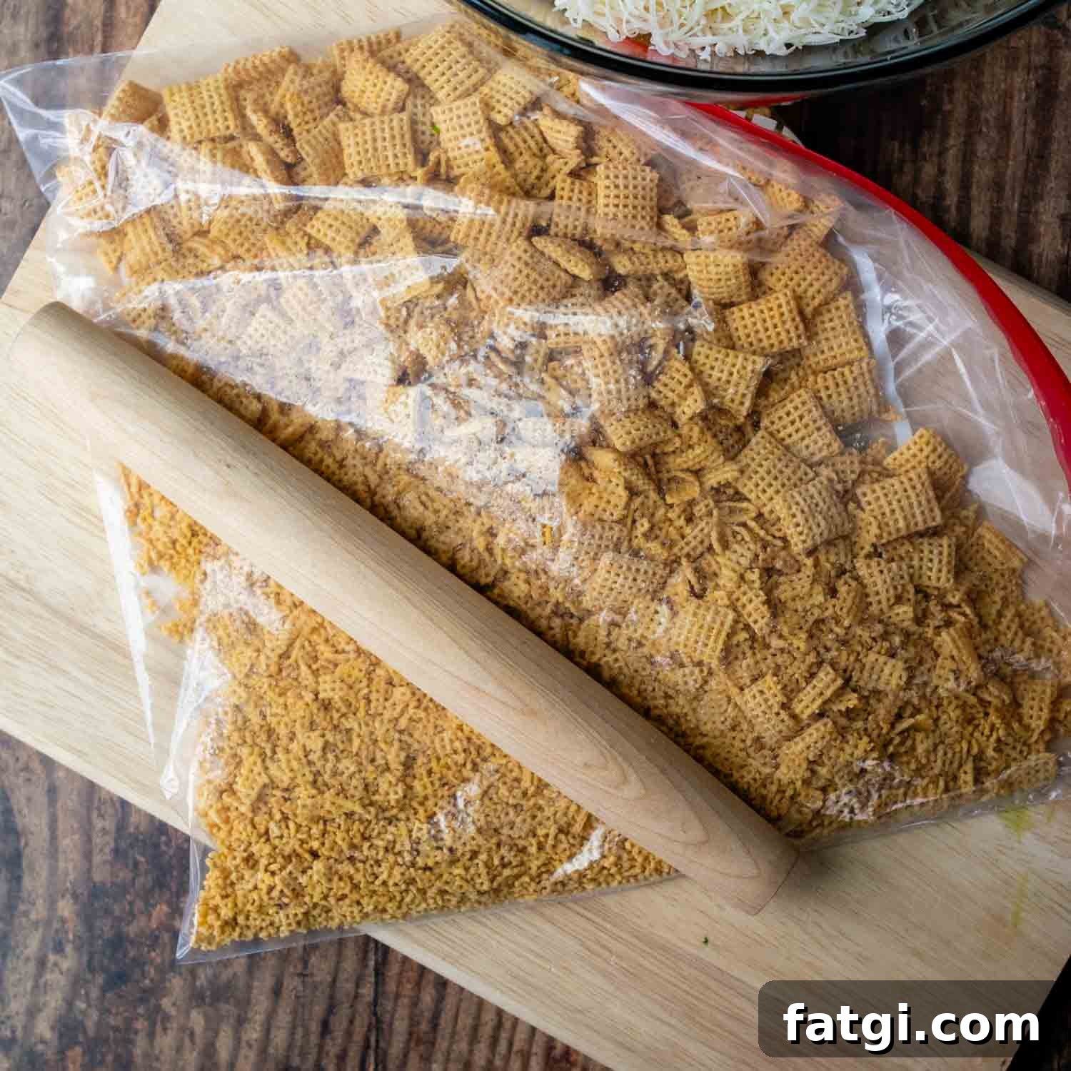 crushing the Chex cereal in a ziplock bag.