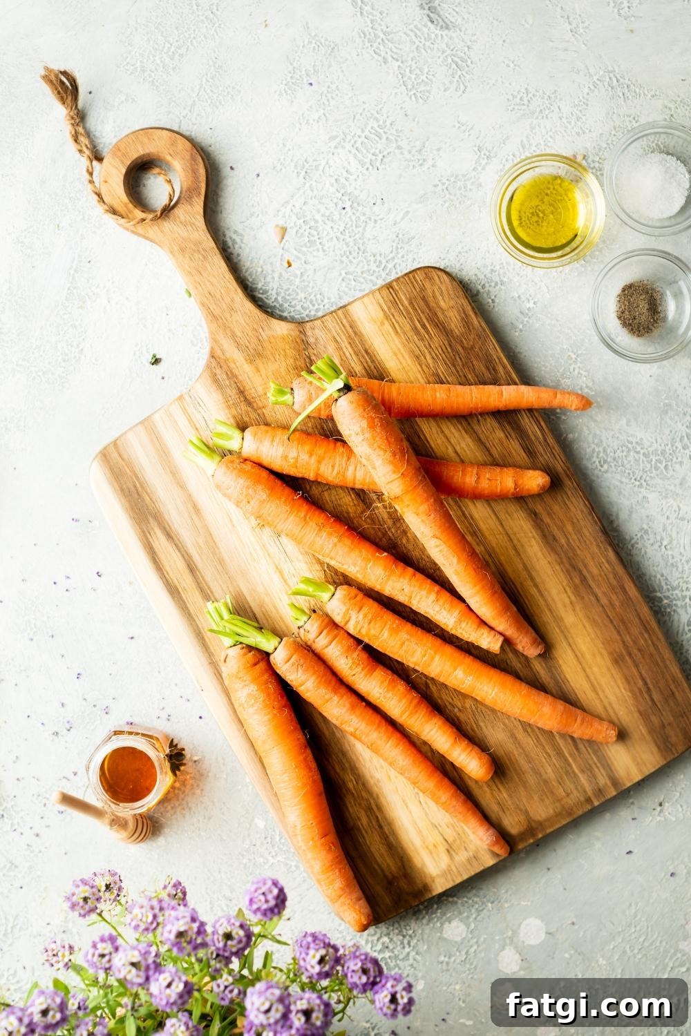 raw trimmed carrots on a wooden cutting board