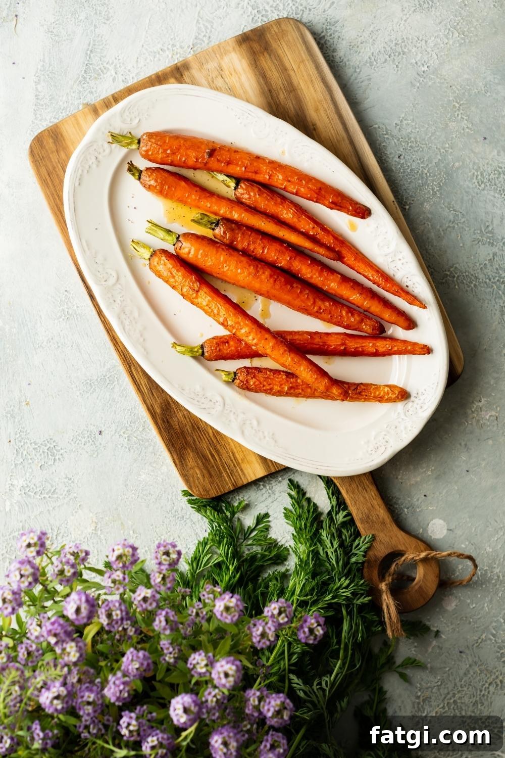 flat lay of candied carrots on a plate with purple flowers on the side