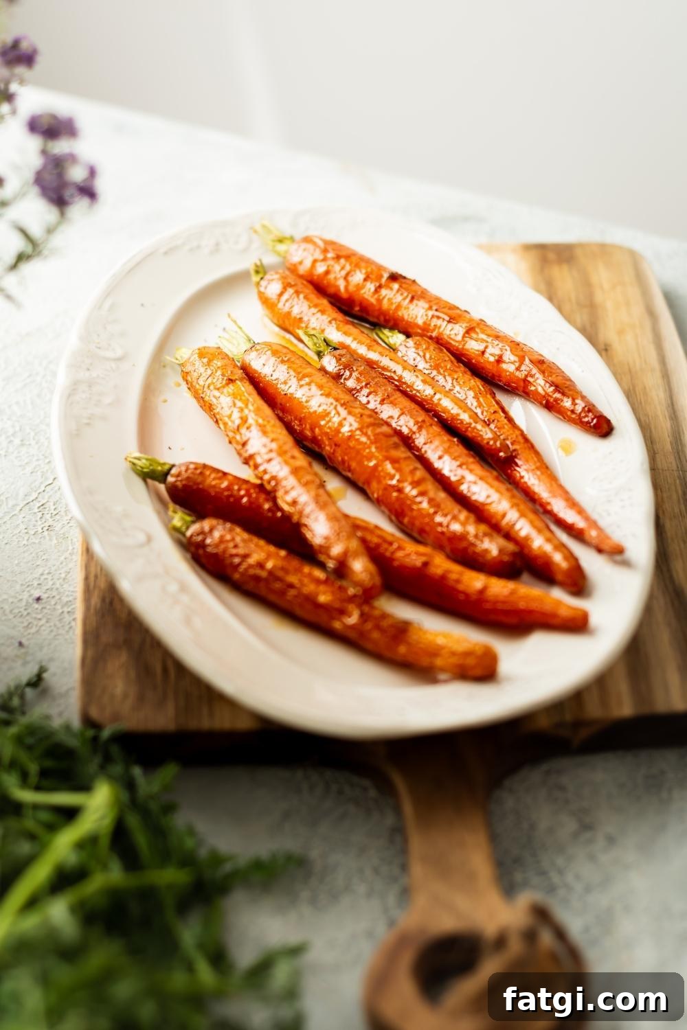 glossy candied carrots on a white plate on top of a wooden board