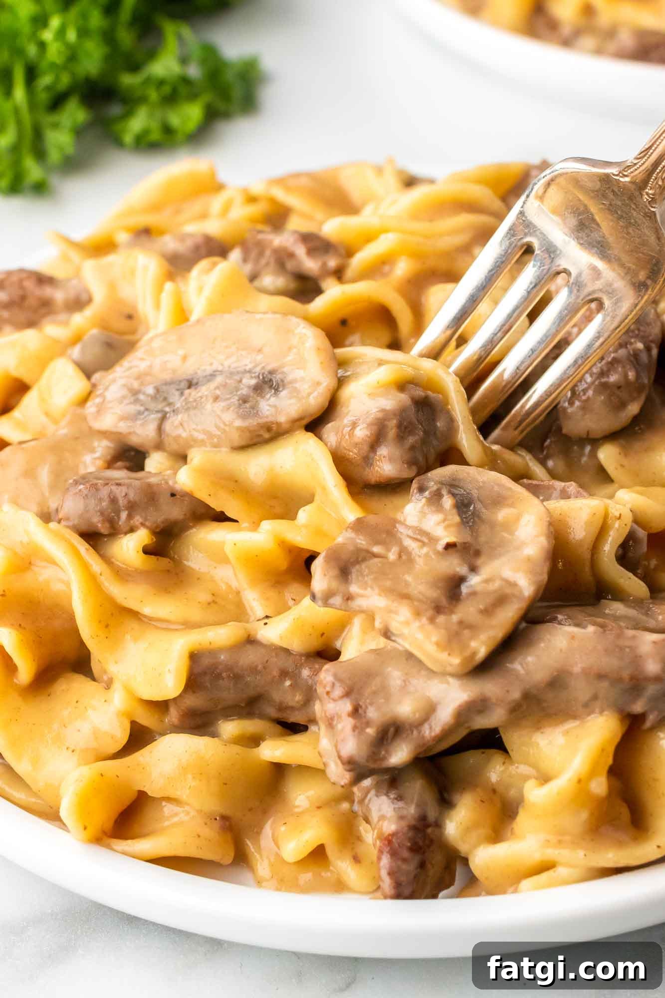 Instant Pot Beef Stroganoff with Tender Beef and Creamy Sauce 3 A close up of Instant Pot Beef Stroganoff on a plate and a fork