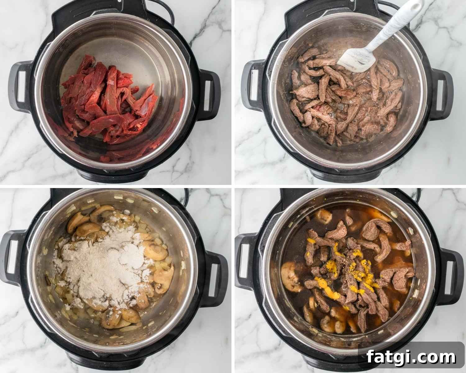 Instant Pot Beef Stroganoff with Tender Beef and Creamy Sauce 6 Steps showing how to make Instant Pot Beef Stroganoff
