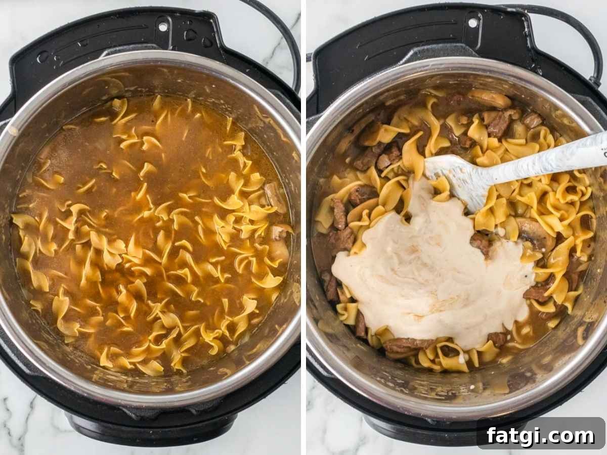 Instant Pot Beef Stroganoff with Tender Beef and Creamy Sauce 7 Steps showing how to make this recipe