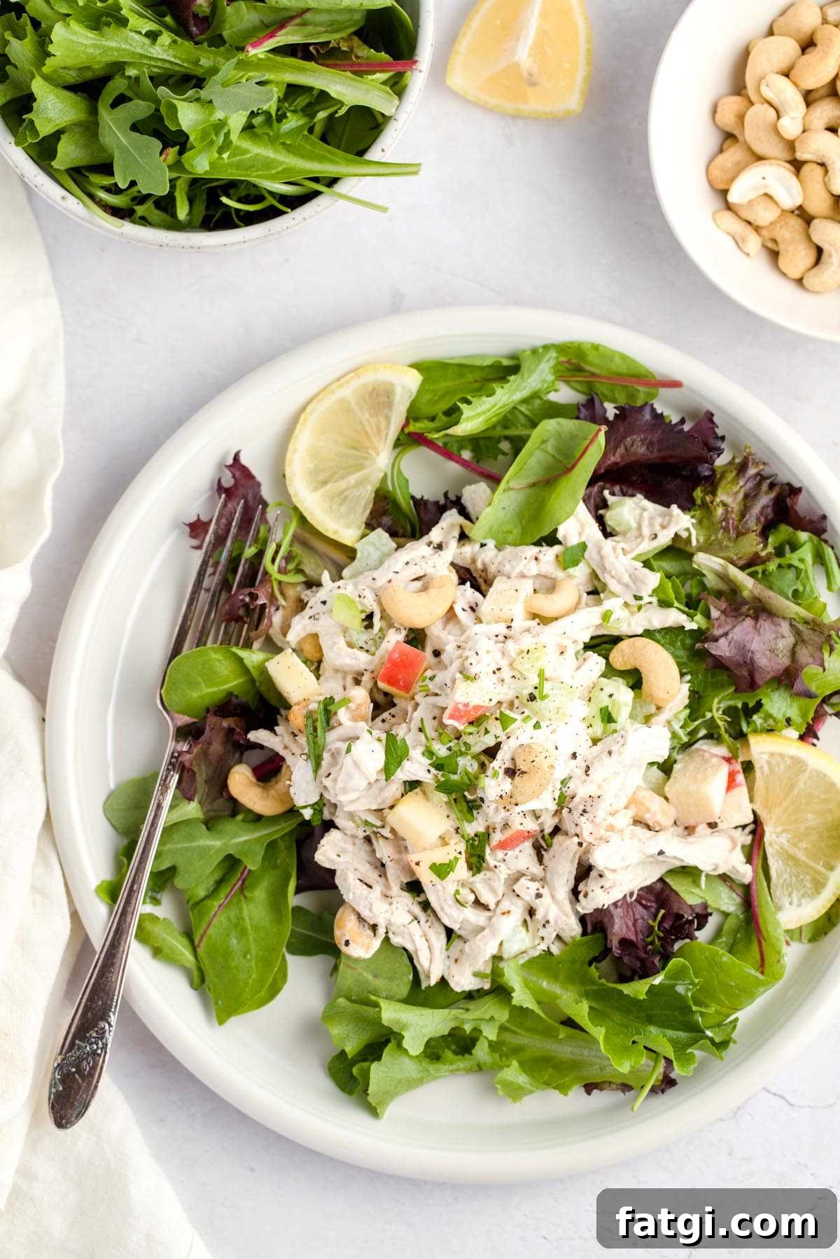 Chicken salad on a bed of spring mix.