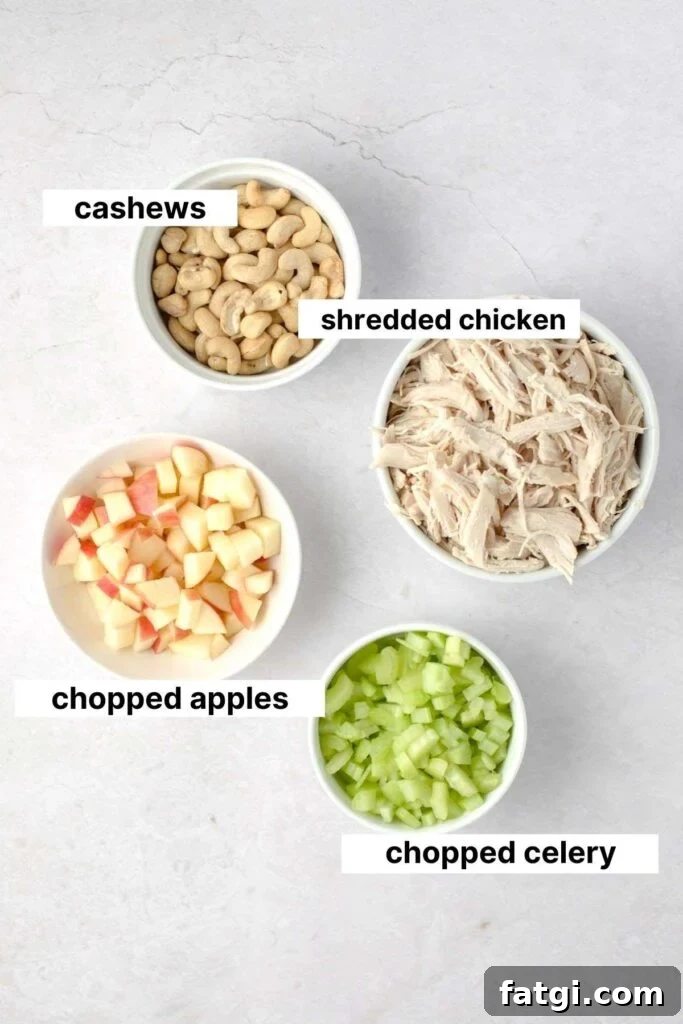 Labeled ingredients for chicken salad.