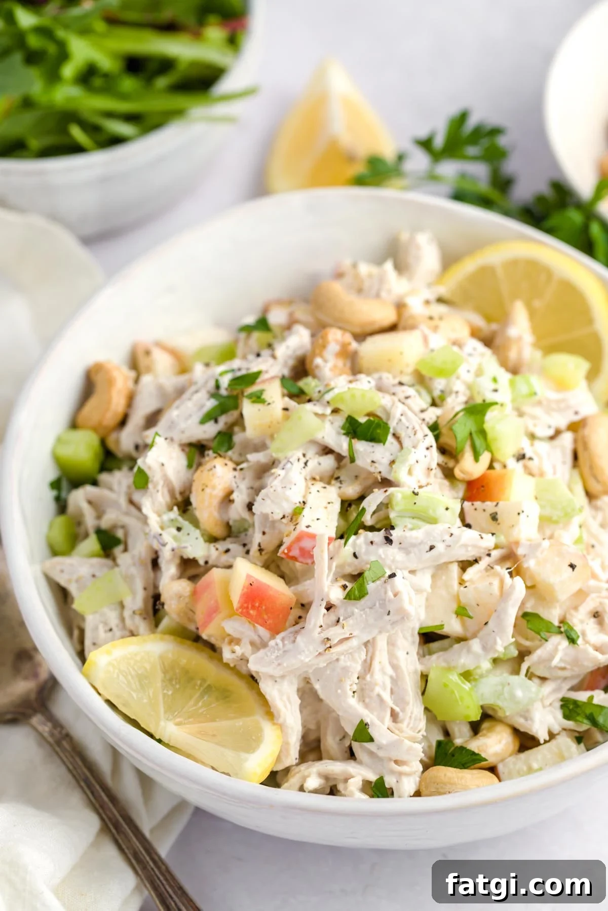 Side angle view of chicken salad with apples in a bowl.