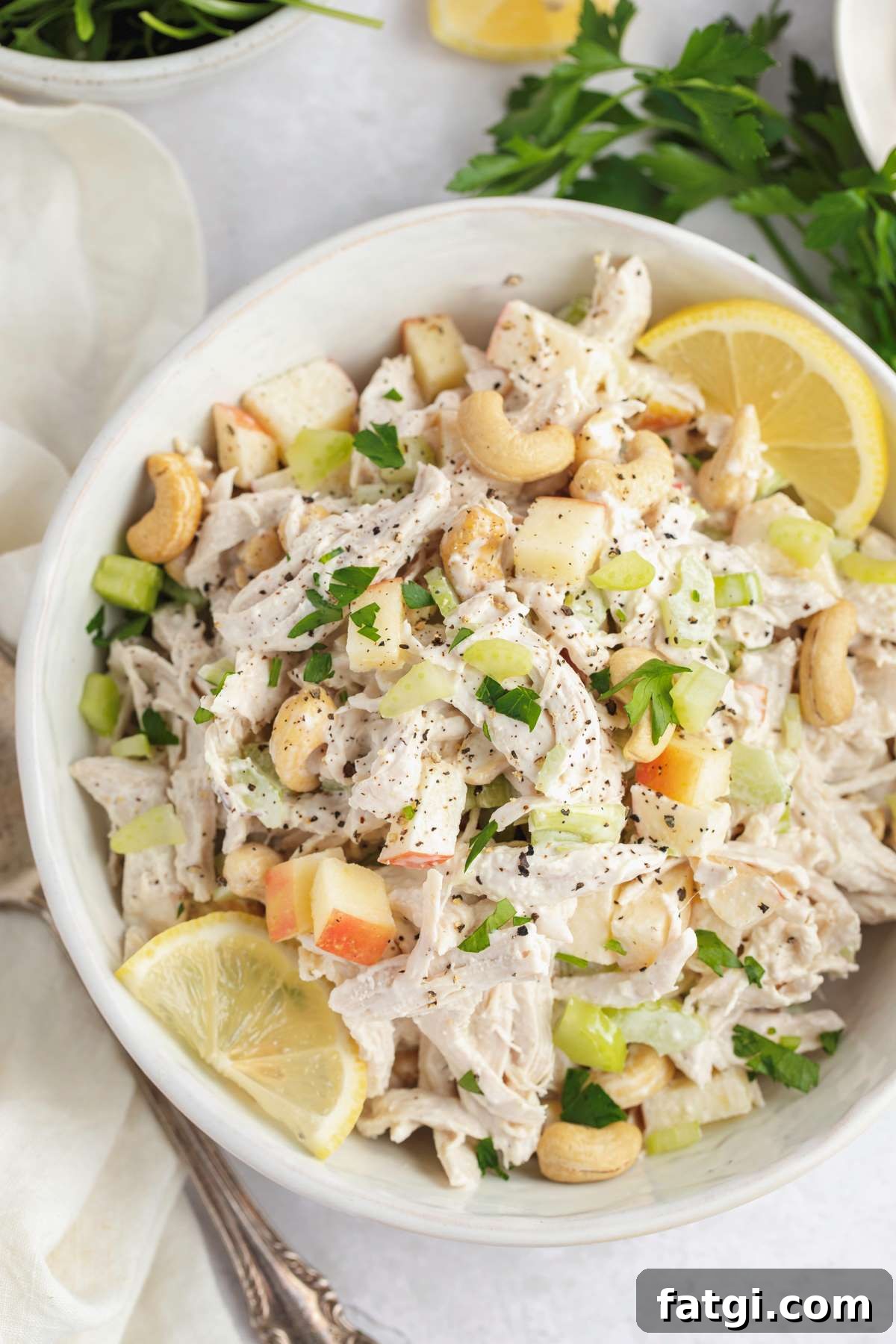 Dairy free chicken salad with apples in a bowl.