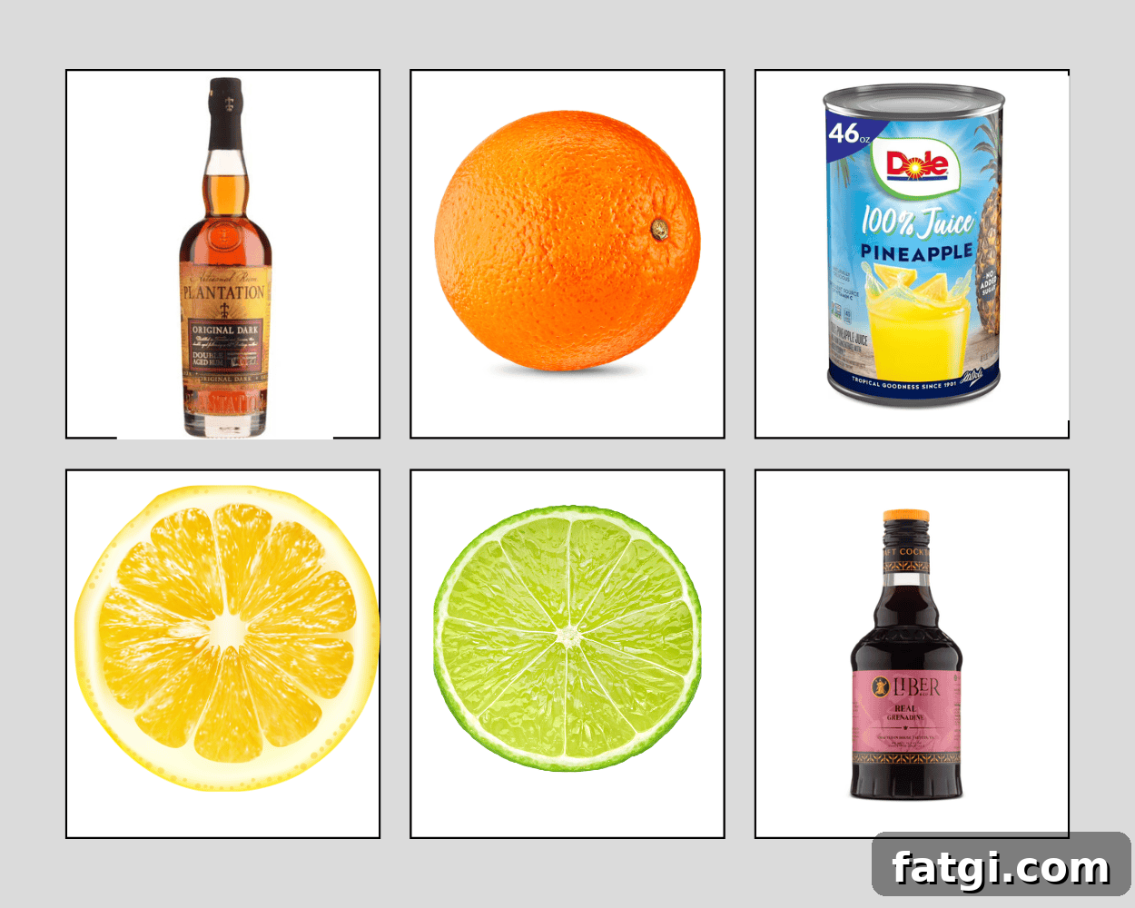 ingredients including dark rum, an orange, pineapple juice, lemon, lime, and grenadine.