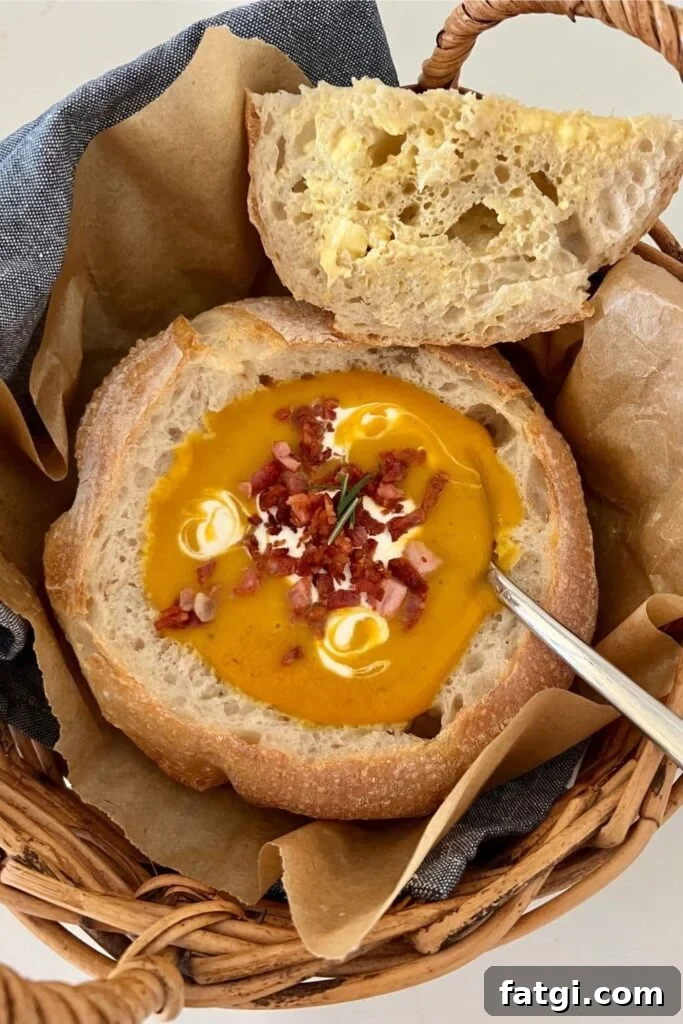 A sourdough bread bowl filled with orange pumpkin soup topped with sour cream and bacon. There is a piece of sourdough bread sitting alongside the bread bowl.