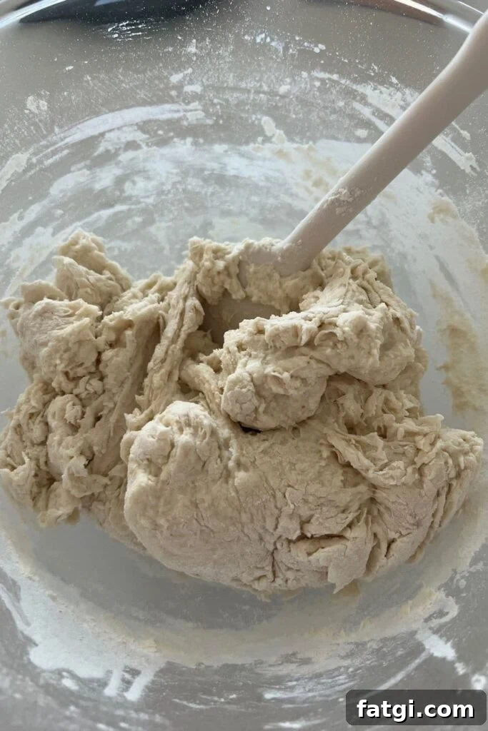 Shaggy sourdough mix that has just been brought together for autolyse.