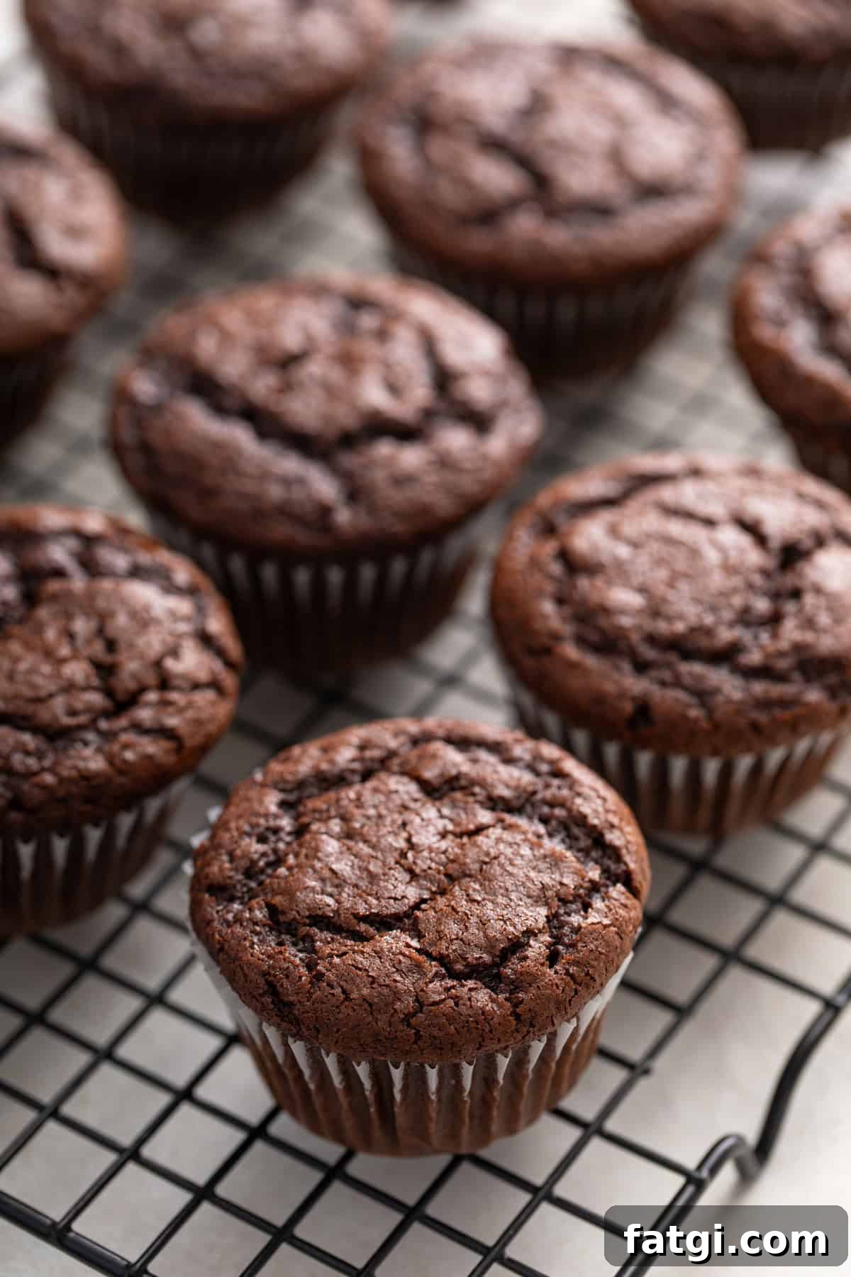 How to Transform Boxed Cake Mix into Gourmet Cakes 4 Unfrosted chocolate cupcakes made with doctored cake mix cooling on a wire rack.